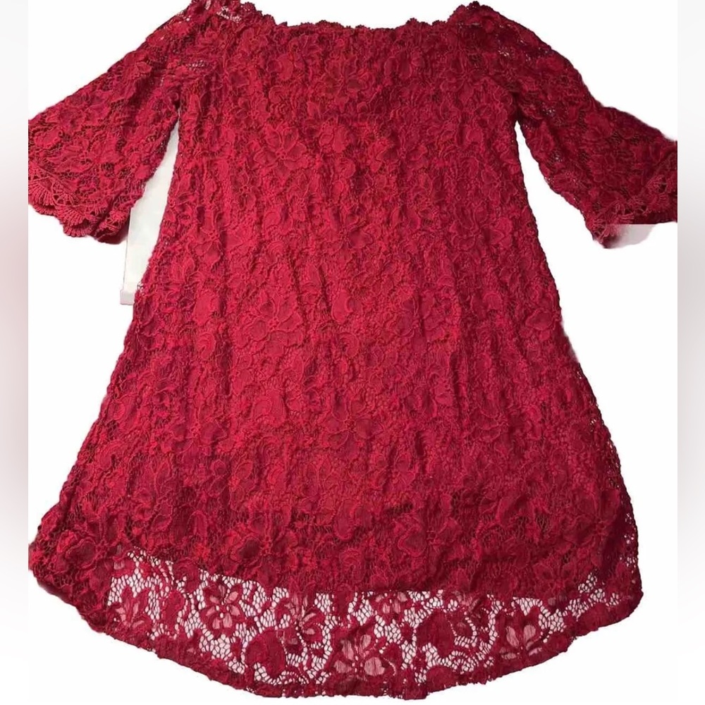 RED all LACE DRESS Flowy wide neck Lined 3/4 Sleeves Formal Knee Length M Large
